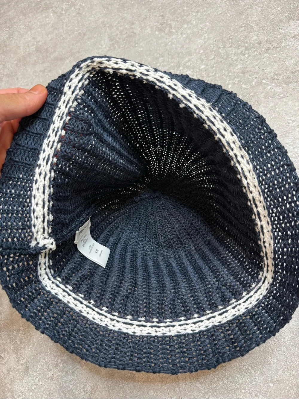 Madewell Crocheted Bucket Hat in dark navy preppy stripe coastal Nantucket